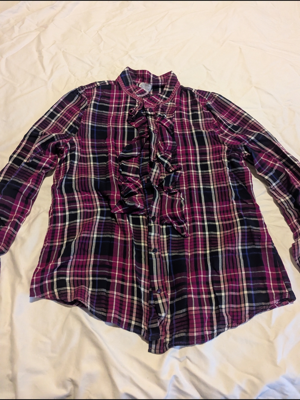 Chico's Purple Plaid Ruffle Front Blouse, 8/10